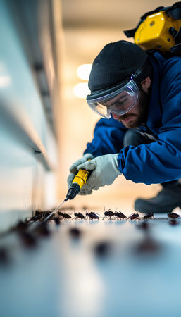 Pest Control Specialist Conducting Cockroach Extermination, Residential Infestation Responseの素材