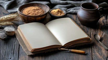 Open Recipe Notebook, Spices, Wood Spoons, Bowl on Rustic Table Bakery Background Conceptの素材