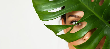 Beauty, Skincare, And Nature. Close-Up Of A Woman s Face Partially Covered With A Tropical Leafの素材