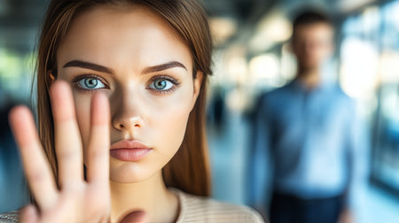 Woman. Serious Woman In Office Setting Making Stop Gesture With Hand To Male Coworker In Backgroundの素材