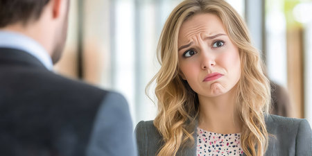 Discomfort In The Workplace. Businesswoman Feeling Uneasy Proximity Male Colleague. Suggestiveの素材