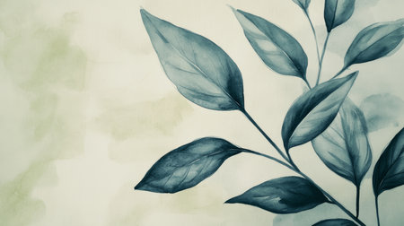 Gentle Teal Botanical Sketch Serene Watercolor Leaves on Textured Paper, Artistic Design Element.の素材
