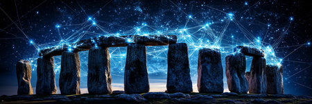 Stonehenge At Night With Network Connection, Concept Of Ancient Knowledge And Modern Technologyの素材
