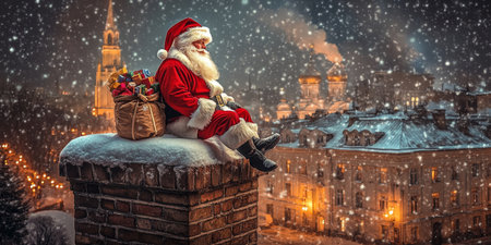 Santa Claus Takes a Moment on a Snowy Rooftop, Gazing at the City Lights with Christmas Spiritの素材