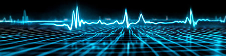 Glowing Blue EKG or Soundwave on a Dark Grid, Minimalist Vector Illustration for Music, Medicineの素材