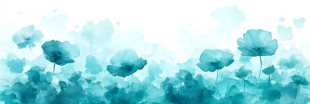Watercolor Floral Harmony Ethereal Turquoise Background with Abstract, Stylized Flowers in Bloomの素材