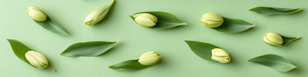 Green Leaves with Buds, Abstract Pattern on Green, Minimal Nature Photography, Top Down Viewの素材