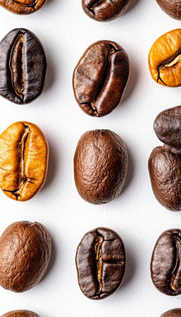 Assortment of Roasted Coffee Beans on a White Seamless Background, Studio Lighting, Vibrant Brownsの素材