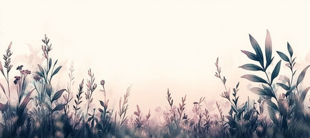 Dreamy Meadow Soft Focus Wildflowers in Gentle Light, Pastel Peach and Cream Watercolour Bannerの素材
