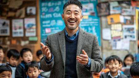 Smiling Teacher Engages with Students in a Vibrant Japanese Elementary School Classroomの素材