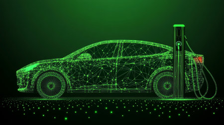 Abstract Electric Car Charging at Station, Green Technology Background, Sustainable Transport Iconの素材