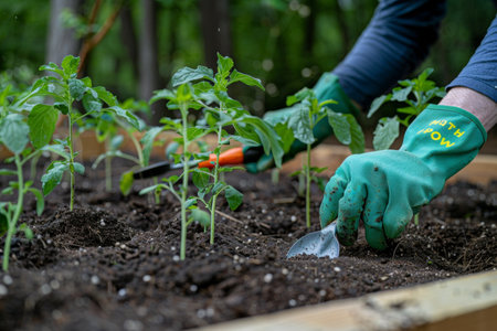 Spring Gardening Planting Tomatoes in Raised Garden Bed. Hands with Gloves and Trowel.の素材