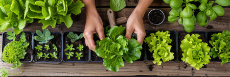 Green Thumbs At Work Woman s Hands Gently Transplanting Fresh Lettuce Seedlings In Home Gardenの素材
