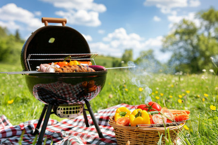 Summer Picnic Charcoal Grill Sizzling with Food, Picnic Basket, Checkered Blanket, Sunny Meadowの素材