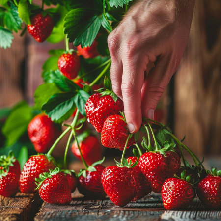 Close-up, Hand Picking Ripe, Juicy Red Strawberries from the Vine on Rustic Wooden Tableの素材