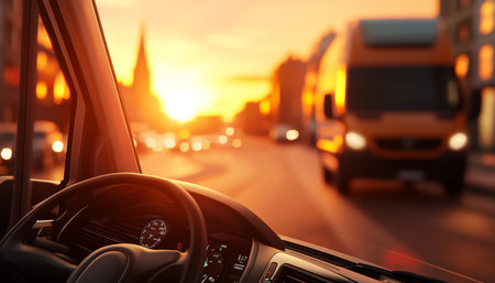 Golden Hour City Drive Driver s Perspective, Steering Wheel, Blurred Evening Trafficの素材