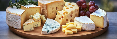 A Delectable Assortment of Various Cheeses, Slices, and Grapes Arranged on Rustic Wooden Platterの素材