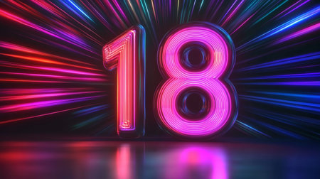 Glowing Neon Number 18 With Speed Lines On A Futuristic Background And Reflections, 3D Renderingの素材