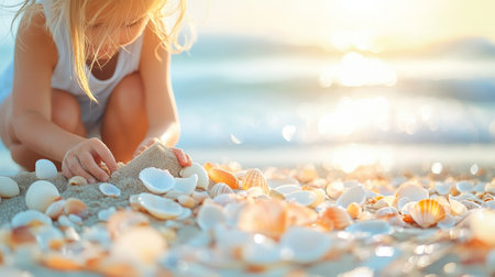 Little Girl Building Sandcastle on Beach, Surrounded by Seashells, Summer Fun Conceptの素材