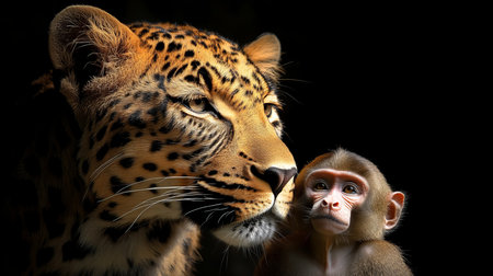 Leopard and Baboon A Captivating Study in Contrast, Wildlife Portrait, Isolated on Blackの素材