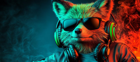 Cool Neon Party DJ Fox with Headphones and Sunglasses, Music, Nightlife, and Entertainmentの素材