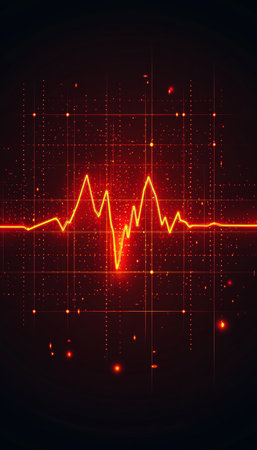 Glowing Red Electrocardiogram Line on Dark Red Grid Background, Digital Medical Illustration.の素材