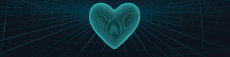A Vibrant Cyan Wireframe Heart Beats on a Dark Blue Grid Background, with Thick Bright Linesの素材