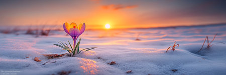 Purple crocuses growing out of snow field, sun setting over snowy field of flowers, stunning natureの素材