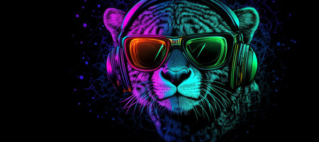 Neon Party Animal Cheetah With Headphones and Sunglasses, a Vibrant and Colorful Conceptの素材