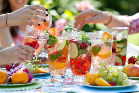 Friends Celebrate Labor Day with Refreshing Summer Cocktails and Festive Picnic Spreadの素材