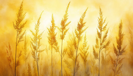 Golden Hour Grasses, Watercolor Botanical Line Art, Soft Yellow Background, Nature Illustrationの素材