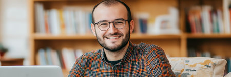 Smiling Young Man with Glasses Working on Laptop, Comfortably Sitting on a Couch at Homeの素材