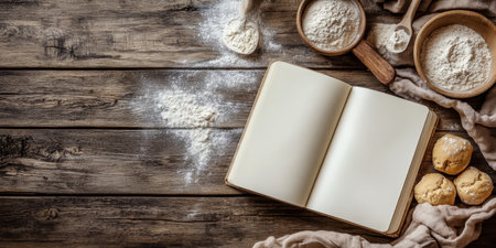 Open Recipe Book with Flour, Dough, and Bread on a Rustic Wooden Background with Baking Utensilsの素材