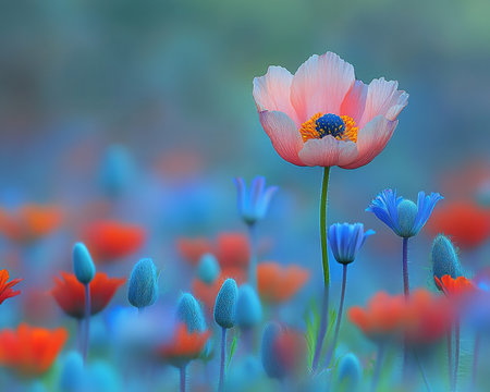 Single Pink Poppy in Bloom, Vibrant Summer Meadow with Dreamy Bokeh Background. Nature Photographyの素材