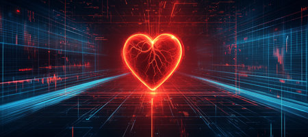 Glowing Red Heart Symbol With Medical Line Chart Data And Futuristic Grid Background.の素材