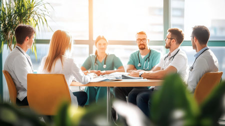 Medical Team Collaboration Doctors And Nurses In A Hospital Meeting Reviewing Patient Casesの素材