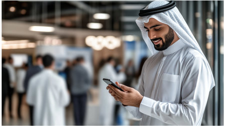 Smiling Arab Businessman in Traditional Outfit Checks Phone in Modern Office, Success and Technologyの素材