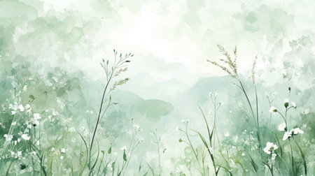 Seafoam Green Watercolor Texture , Elegant Line Art Wildflower Meadow, Light Airy Backgroundの素材