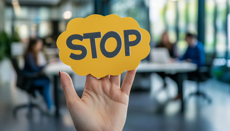 Woman s Hand Holding Stop Sign in Busy Office Setting, Concepts of Boundaries, Work-Life Balanceの素材
