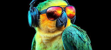 Rainbow Parrot DJ, Neon Lit Party Parrot in Headphones and Reflective Colorful Sunglasses on Black.の素材