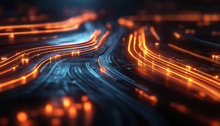 Glowing Data Streams and Futuristic Circuitry with Vibrant Orange and Blue, Technology Background.の素材
