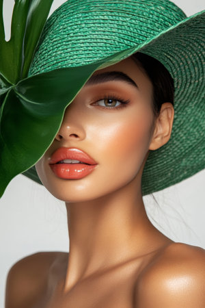 Tropical Beauty, Flawless Skin with Monstera Leaf Portrait, Studio Shot, High Resolutionの素材