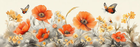Watercolor Meadow With Orange Poppies And Butterflies, Gentle Floral Background In Minimalist Styleの素材
