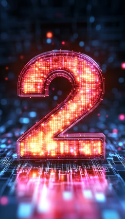 Glowing Digital Single Big 3D Number 2 in Futuristic Style on Digital Abstract Backgroundの素材
