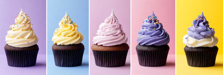Five Colorful Cupcakes with Sprinkles Arranged on a Multicolored Background for Sweet Treatの素材