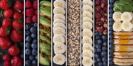 Collage, Vegan Breakfast Options, Fruits, Berries, Pancakes, Granola, Avocado, Healthy Food Choicesの素材