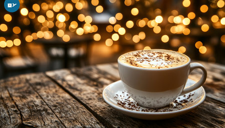 Cozy Coffee Break Aromatic Cappuccino under Twinkling Fairy Lights in a Serene Cafe Settingの素材