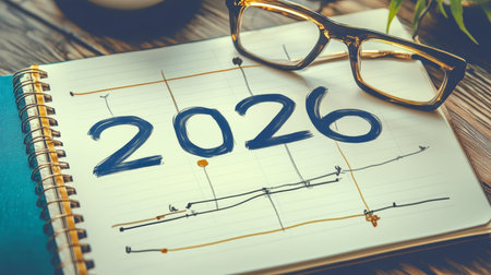 2026 Goals, Resolutions, and Planning Concept. Notebook with Year Number for Aspirations.の素材