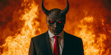 Portrait of a Mysterious Man in a Devil Mask with Horns, Set Against a Backdrop of Fiery Flamesの素材