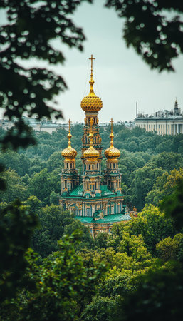 Golden domes of St.Volodymyr s Cathedral shine through the green dense foliage in Kyiv, Ukraine.の素材